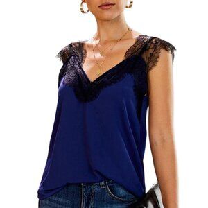 Soft Goth Eyelash Lace Cami Top Y2K Midnight Blue Lingerie-Inspired Tank Size S